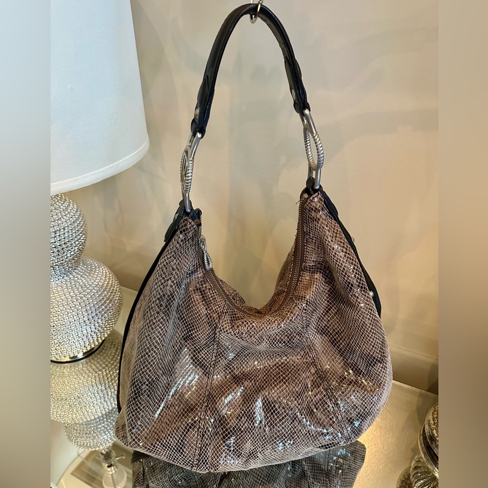 - SOLD!! - Beautiful Judith Ripka Snake Embossed Leather Brown Hobo Shoulder Bag